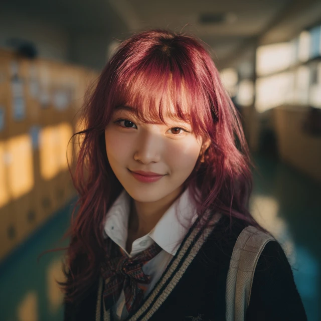 Korean High School Girl Portrait Magenta Hair Smile