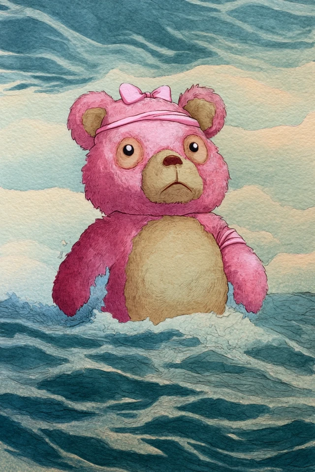 Worried Pink Teddy Bear in the Ocean Watercolor Art