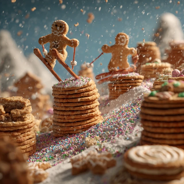 Gingerbread Skiers and Cookie Mountain Scene