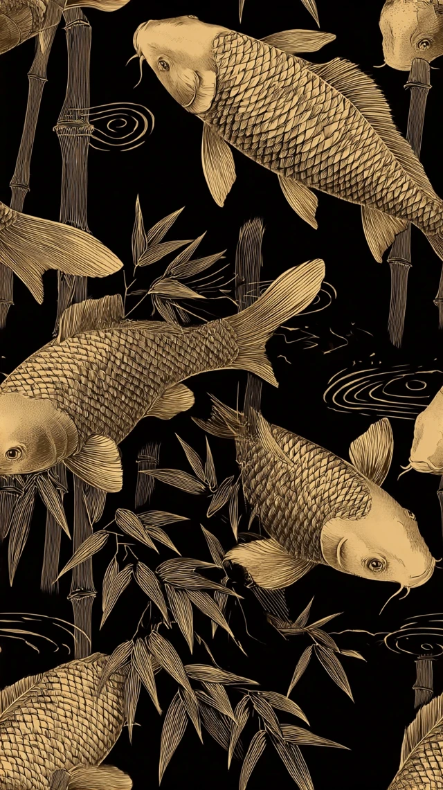 Oriental Engraving Carp Bamboo Black Background