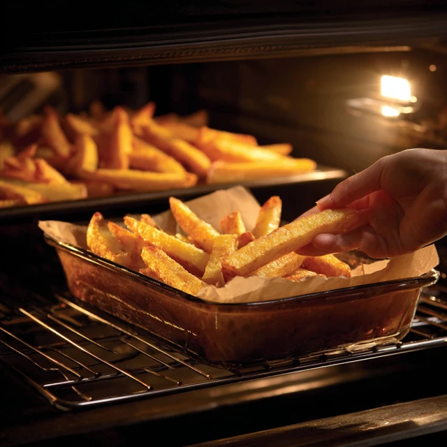 Oven Fries Ready Hand Placing Fries in Oven Realistic Photo