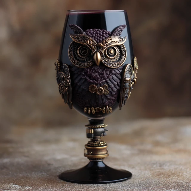 Steampunk Owl Wine Glass Polymer Clay Art