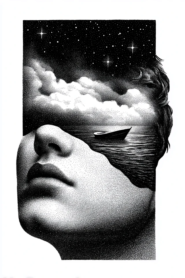 Surreal Dreamlike Ink Drawing of a Face with Boat and Stars