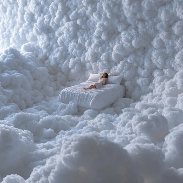 Women Dreaming Bed of Clouds Serene Illustration