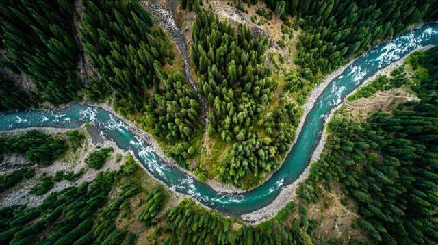 Forest River Aerial View Nature Landscape Scenery