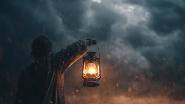 Person With Lantern In Storm Moody Landscape
