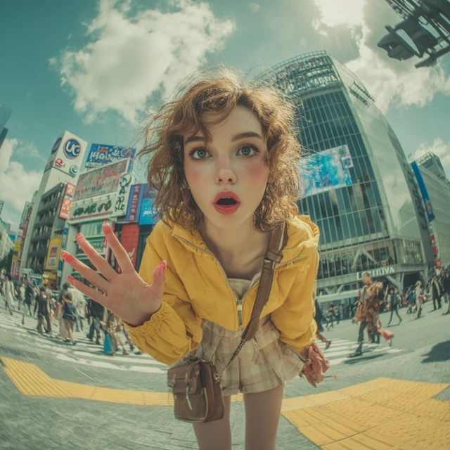 Tokyo Shibuya Crossing Candid Photo Woman Surprise