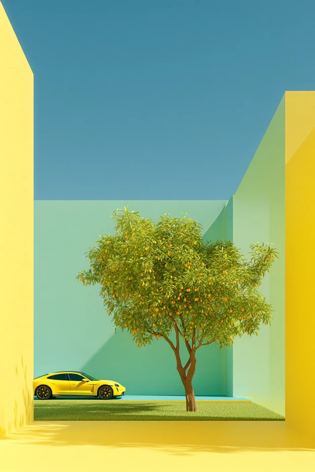 Minimalist Landscape with Yellow Car and Tree