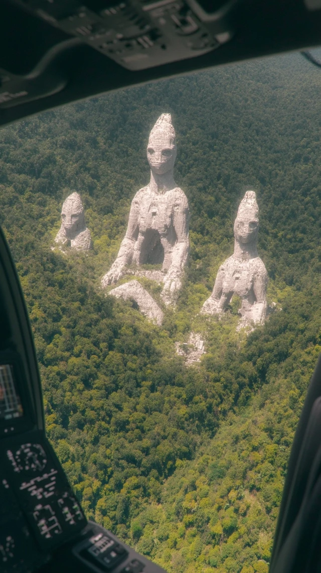 Alien Statues in Rainforest Aerial View