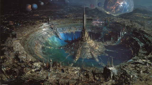 Cyberpunk City Aerial View Syd Mead SciFi Art