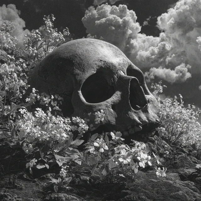 Skull and Flowers Black and White Artwork