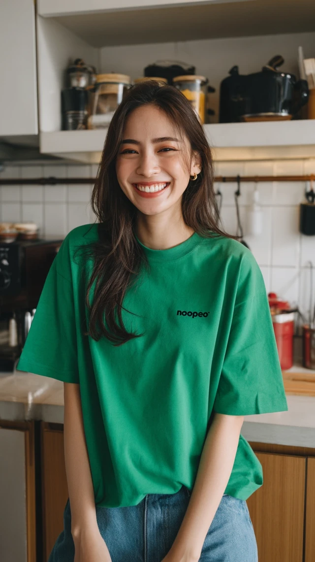 Smiling Thai Woman in Green T-Shirt in Kitchen