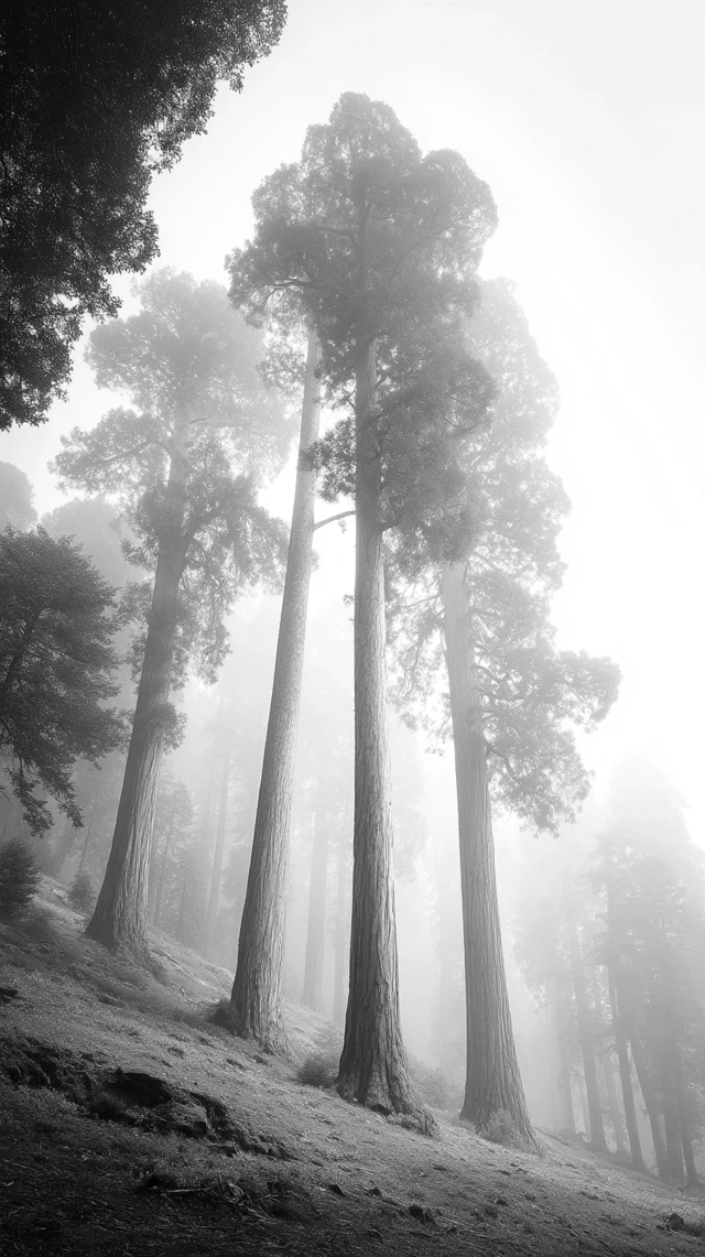 Foggy Sequoia Forest: Eerie Black and White Photography