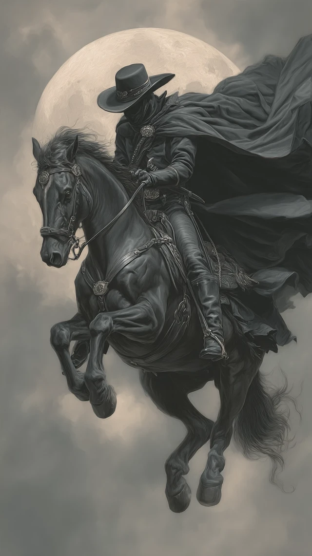 Zorro on Stallion Under Full Moon Illustration