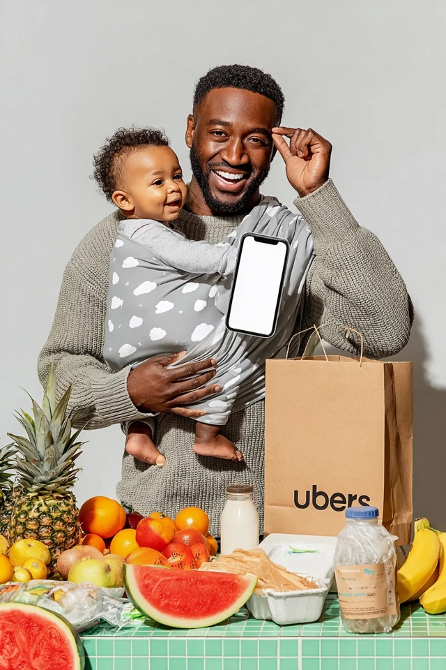Joyful Dad with Baby Kitchen and iPhone
