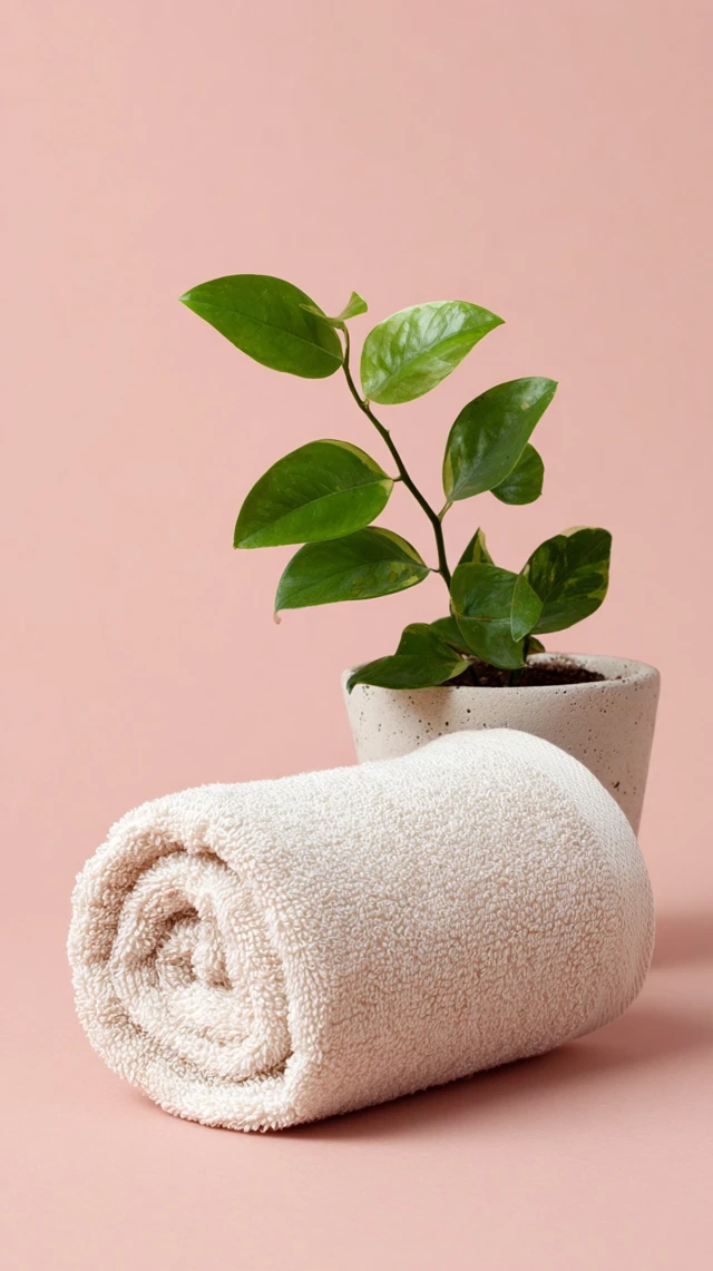 White Cotton Towel with Green Plant on Pink Background