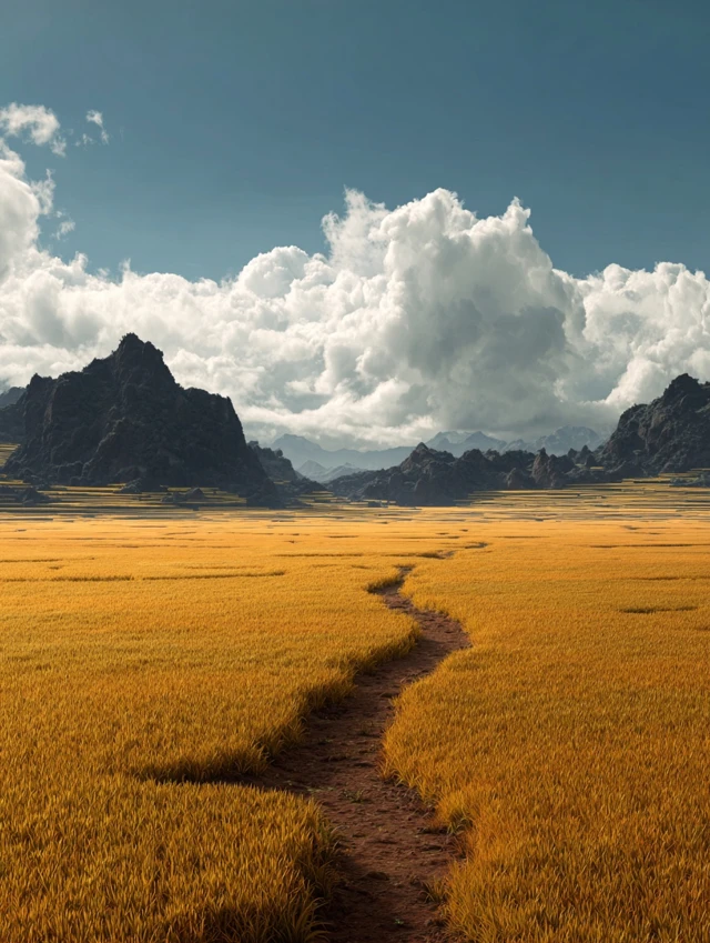 Golden Rice Paddies Path Landscape Art