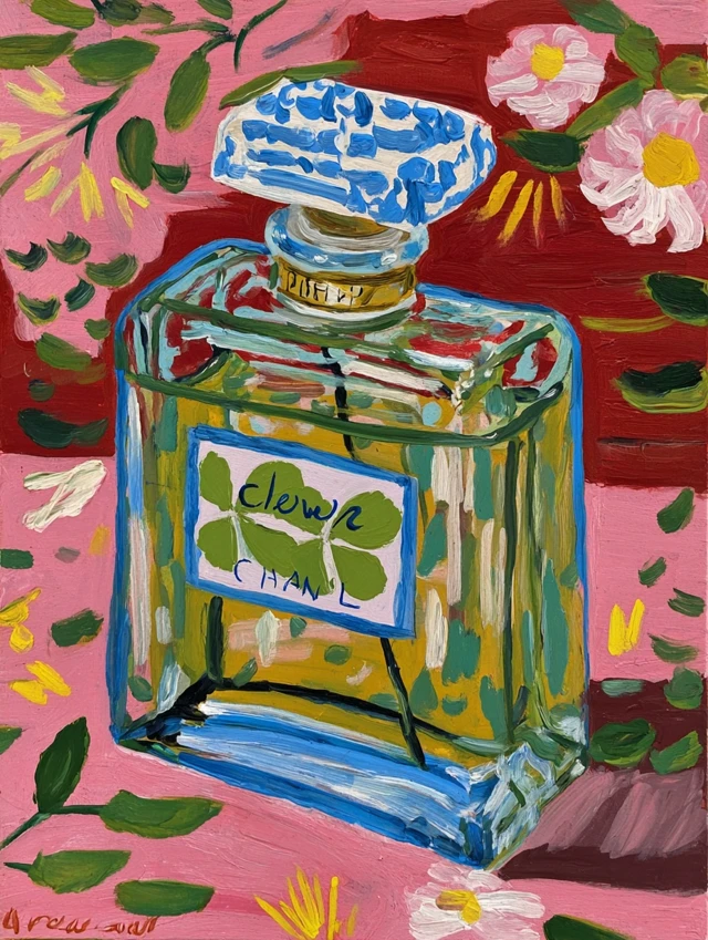 Clover Perfume Bottle Illustration CHANEL Style