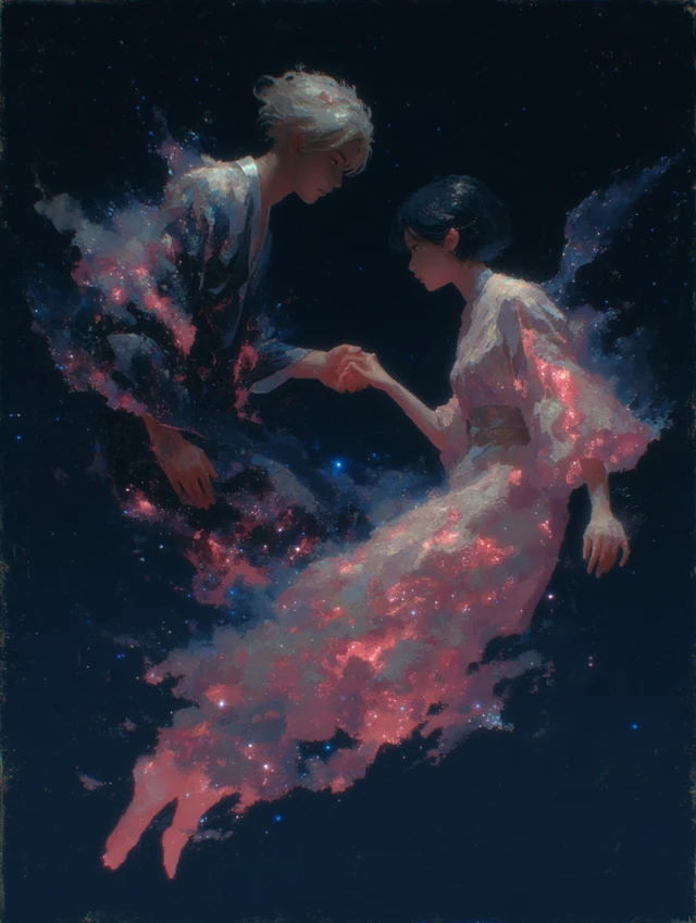 Couple in Space Holding Hands - Minimalist Art