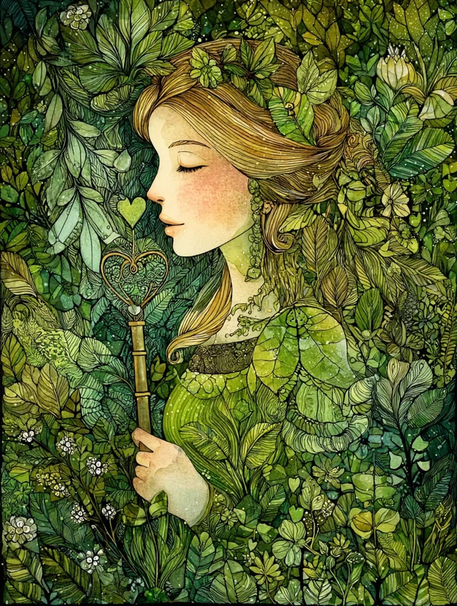 Woman with Key in Moss Green Amanda Sage Style