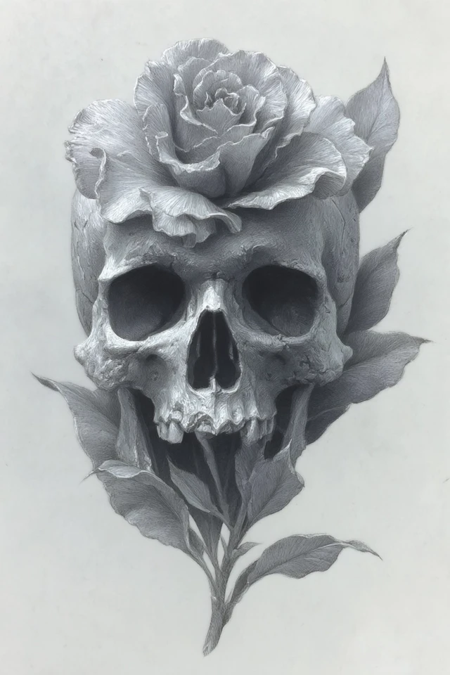 Skull and Rose Art Minimalism Inspired by Michelangelo