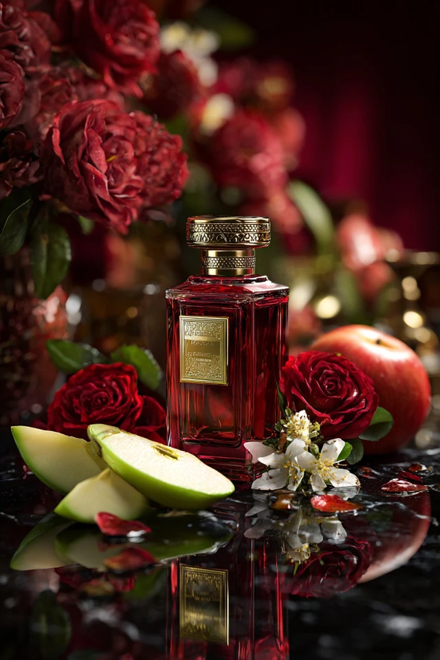 Luxury Perfume Ad Ruby Gold Floral Composition