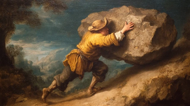 Jan Steen Painting Strong Man Pushing Rock Up Hill