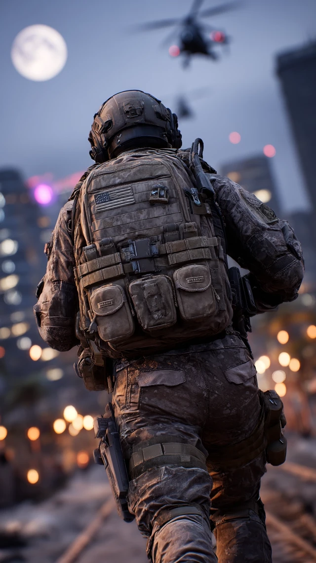 Cinematic Action Scene: Soldier on Rooftop with Helicopters
