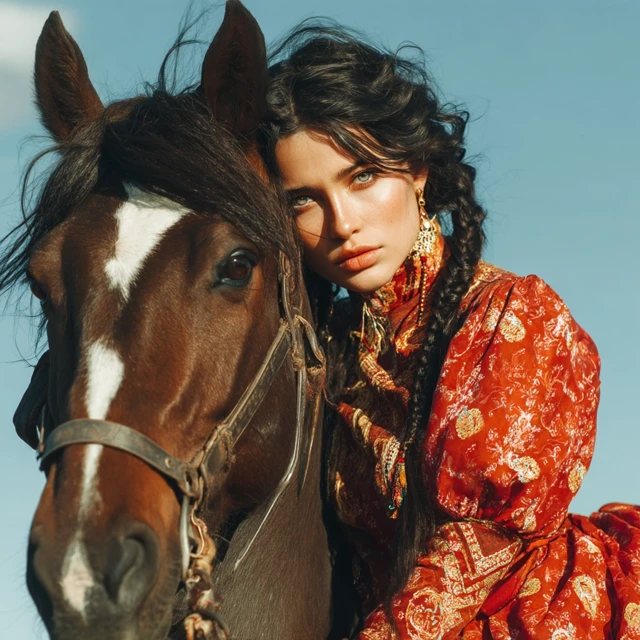 Beautiful Girl with Dark Hair and a Horse