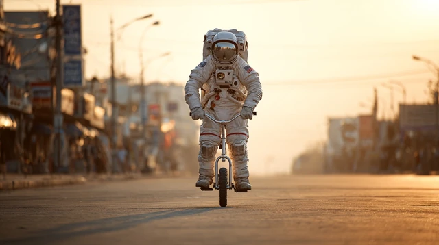 Astronaut on Scooter Golden Hour Fun 4K
