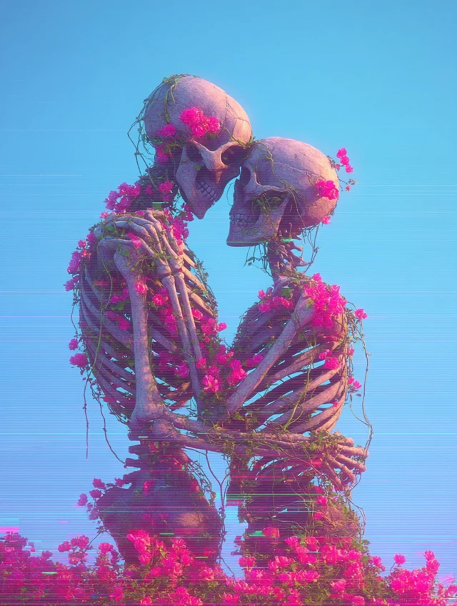 Ethereal Skeletons in Love Pink Flowers and Glitches