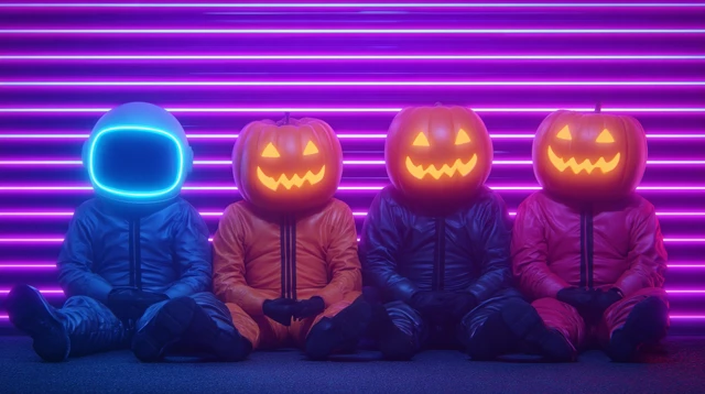Retrofuturistic Halloween Scene Neon Astronauts
