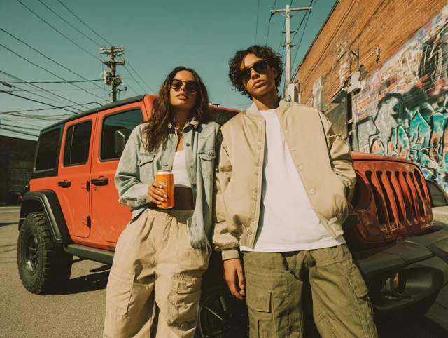 Stylish Couple in Urban Setting with SUV