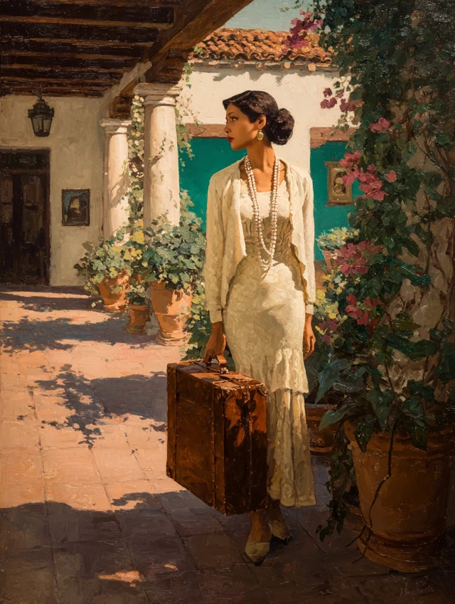 Hispanic Woman in Latin American Courtyard Oil Painting