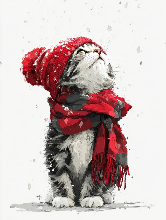 Fluffy Kitten in Red Hat and Scarf Illustration