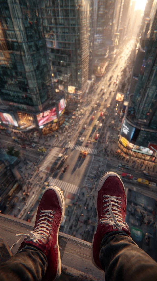 City View From Above Red Sneakers On Rooftop