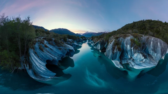 Patagonia Marble Caves Drone View Turquoise Water Blue Hour