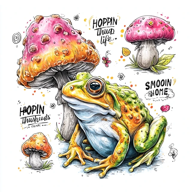 Goofy Frog on Mushrooms Fun Illustration