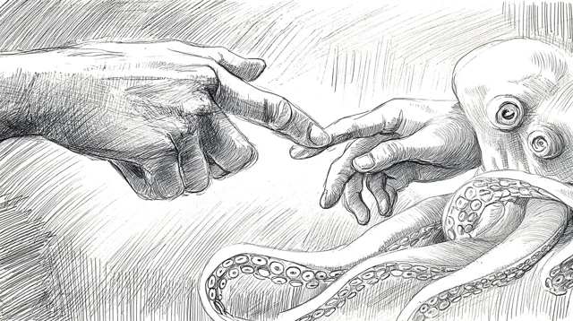 Creation of Adam Octopus Surreal Pencil Sketch