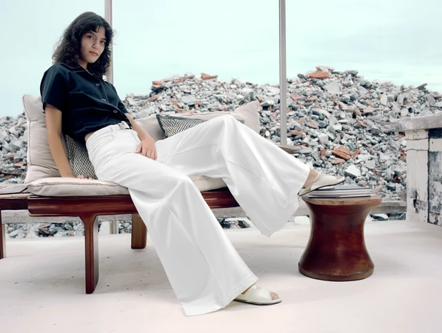 Woman in Black Shirt and White Pants Kodak Portra