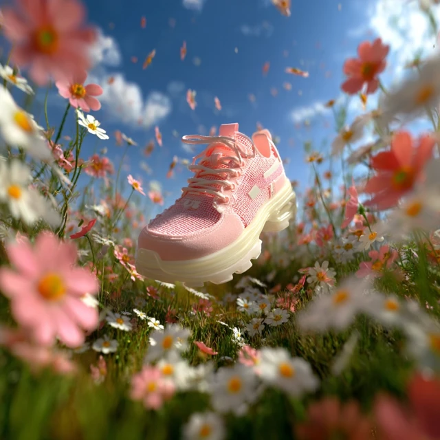 Pink Sneaker in a Meadow 3D Render Product Shot