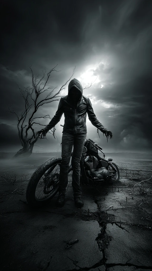Tortured Biker Soul in a Gothic Graveyard