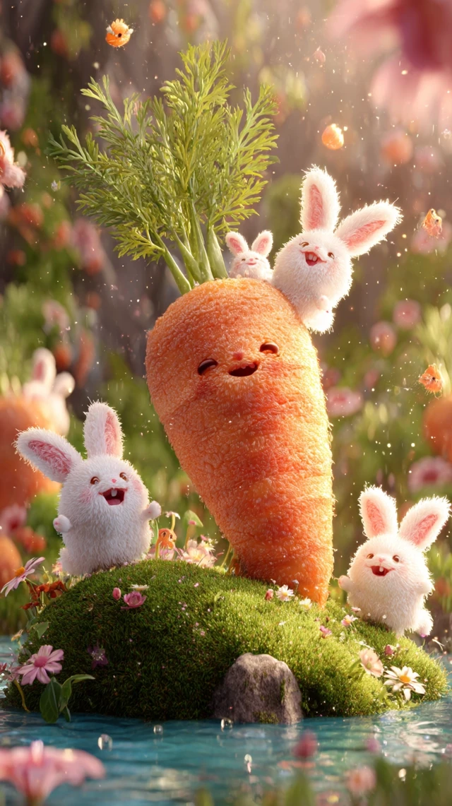 Giant Carrot with Bunnies in a Magical Pond
