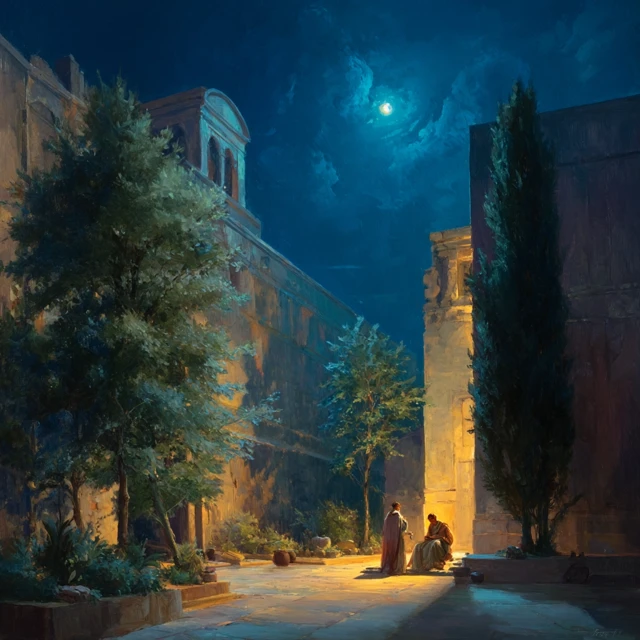 Augustus Under Moonlight Palace Courtyard Oil Painting