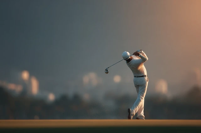 Asian Golfer Swinging Golf Club on Green Field Sunrise