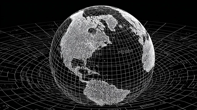 Wireframe Globe 3D Visualization Black and White Graphic