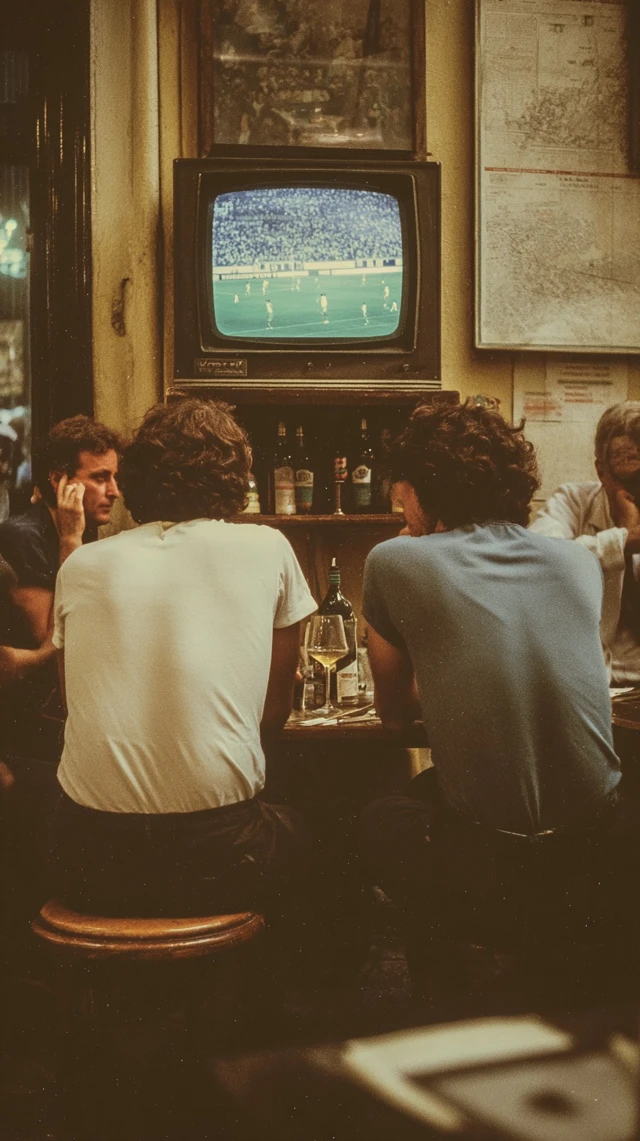 Italian Men Watch Football in 1970s Cafe