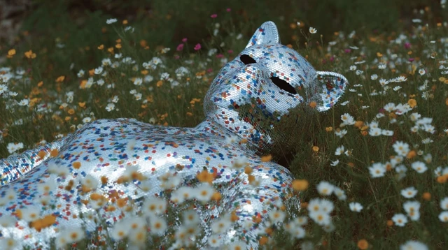 Robot Cat in a Flower Field Metallic Surreal Photo