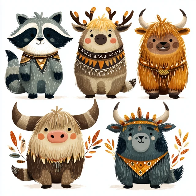 Cute Raccoon and Highland Cow Cartoon Clipart
