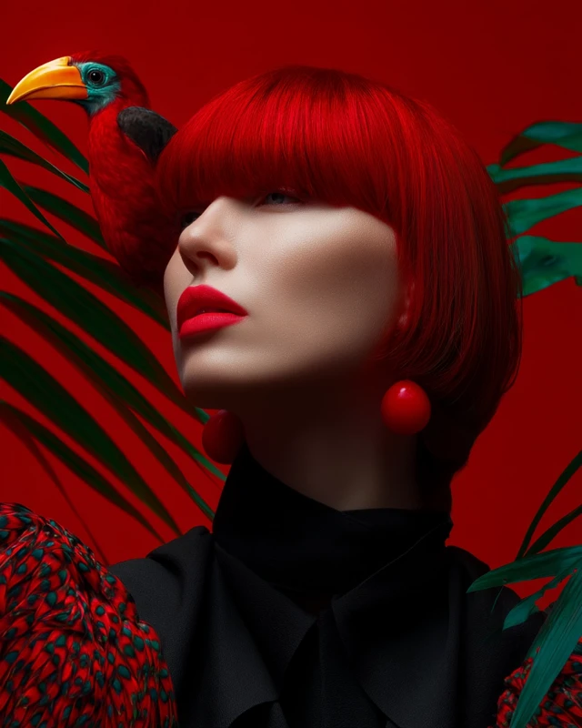 Red Haired Girl Portrait Surreal Hornbill Fashion
